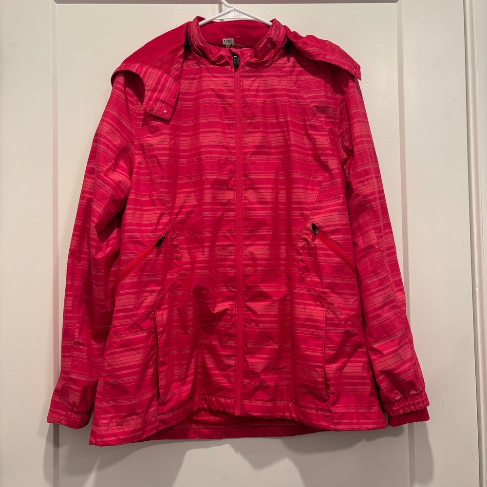 Asics Womens XL Pink Striped Full Zip Hooded Windbreaker Running Jacket